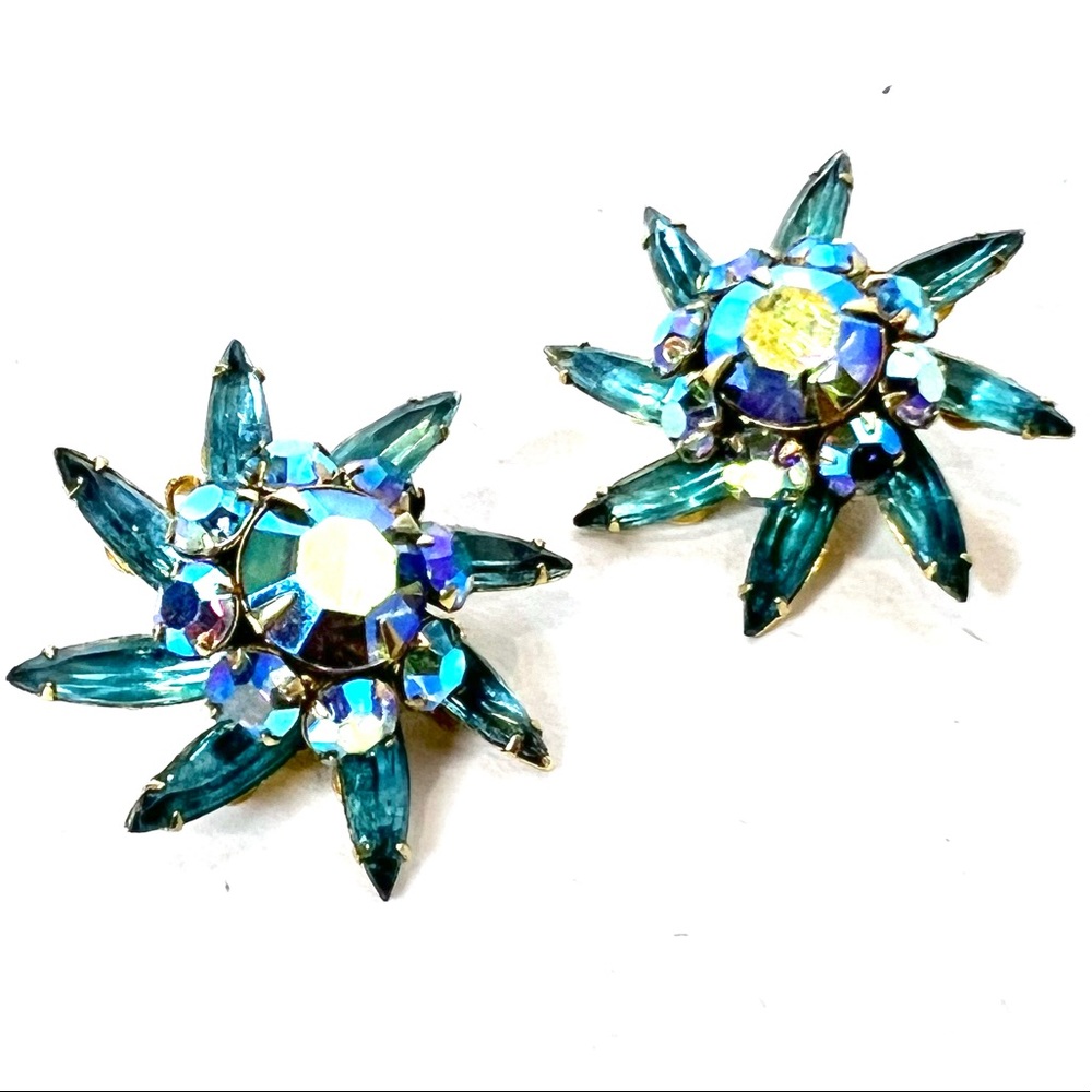 Vintage Judy Lee Turquoise Blue Rhinestone Earrings Tiered Starburst Sunburst
